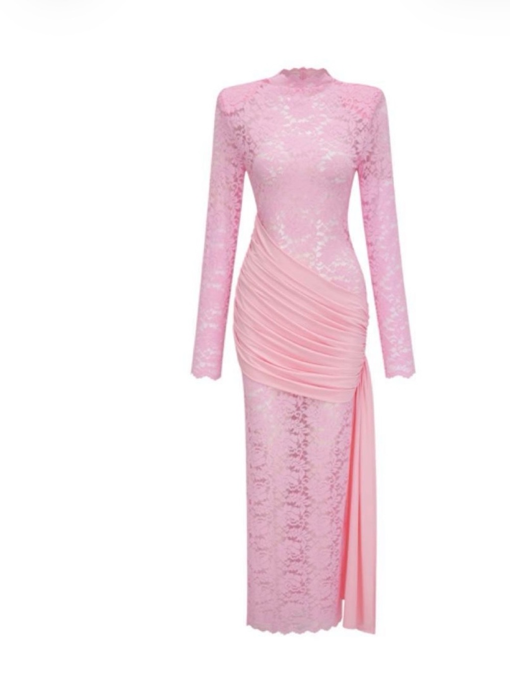 Scallop-Neck Pink Lace Long-Sleeve Ruched Dress